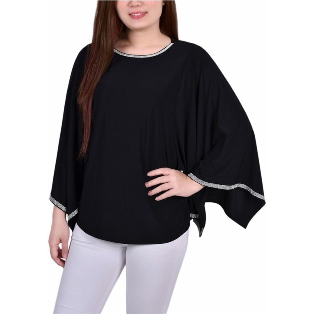 NY Collection Womens Log Batwing Glitz Tape Neckline Tunic Blouse, Black, Pet...
